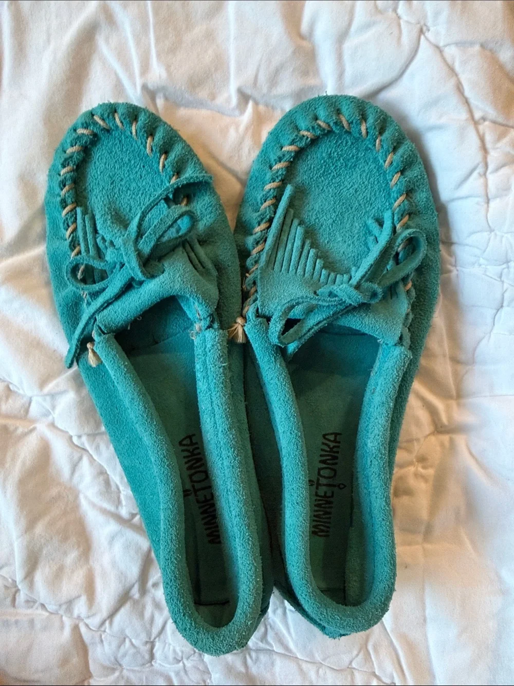 Girls Minnetonka Turquoise Suede Fringe Moccasins